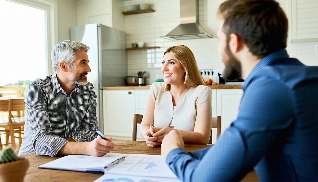 A meeting between a real estate agent and home owner who is selling their home A meeting between a real estate agent and home owner who is selling their home